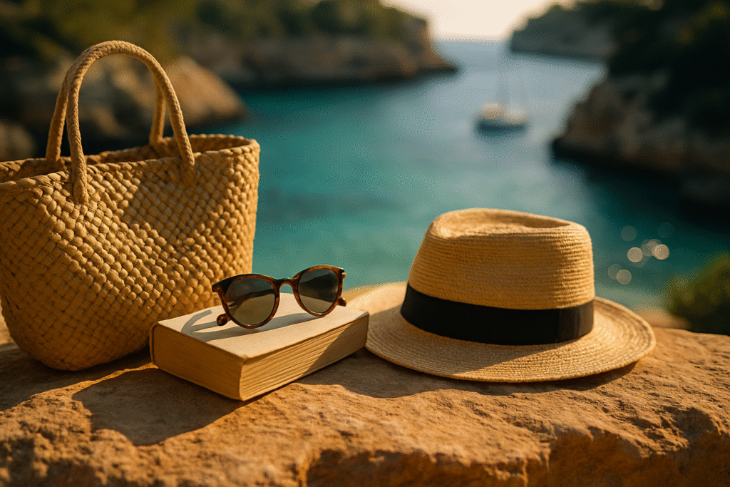 Bolsa de mimbre, gafas de sol y sombrero sobre una superficie de piedra con vista a una cala en Mallorca – Maiorca Unlocked.