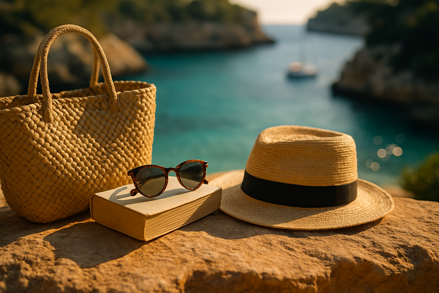 Bolsa de mimbre, gafas de sol y sombrero sobre una superficie de piedra con vista a una cala en Mallorca – Maiorca Unlocked.