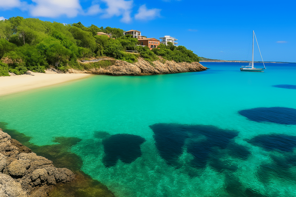Cala Comptessa en Mallorca con aguas cristalinas, playa de arena y edificios rodeados de vegetación – Maiorca Unlocked.