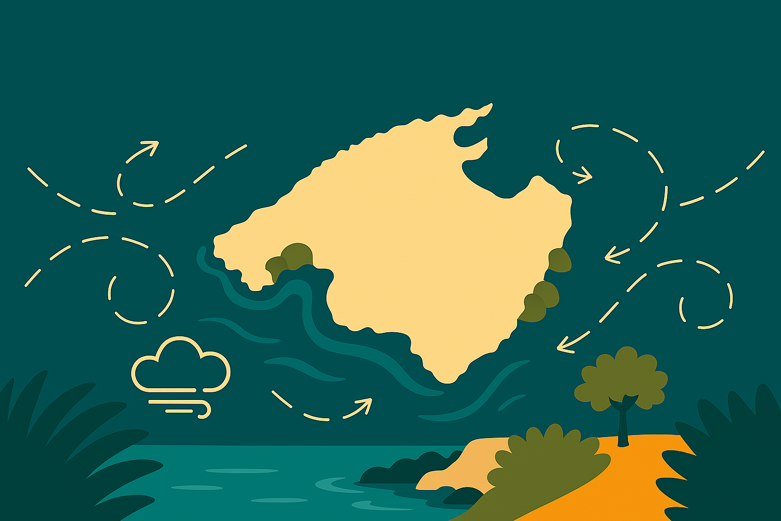 Cala protegida en Mallorca con agua turquesa y acantilados, ilustración minimalista de Mallorca Unlocked