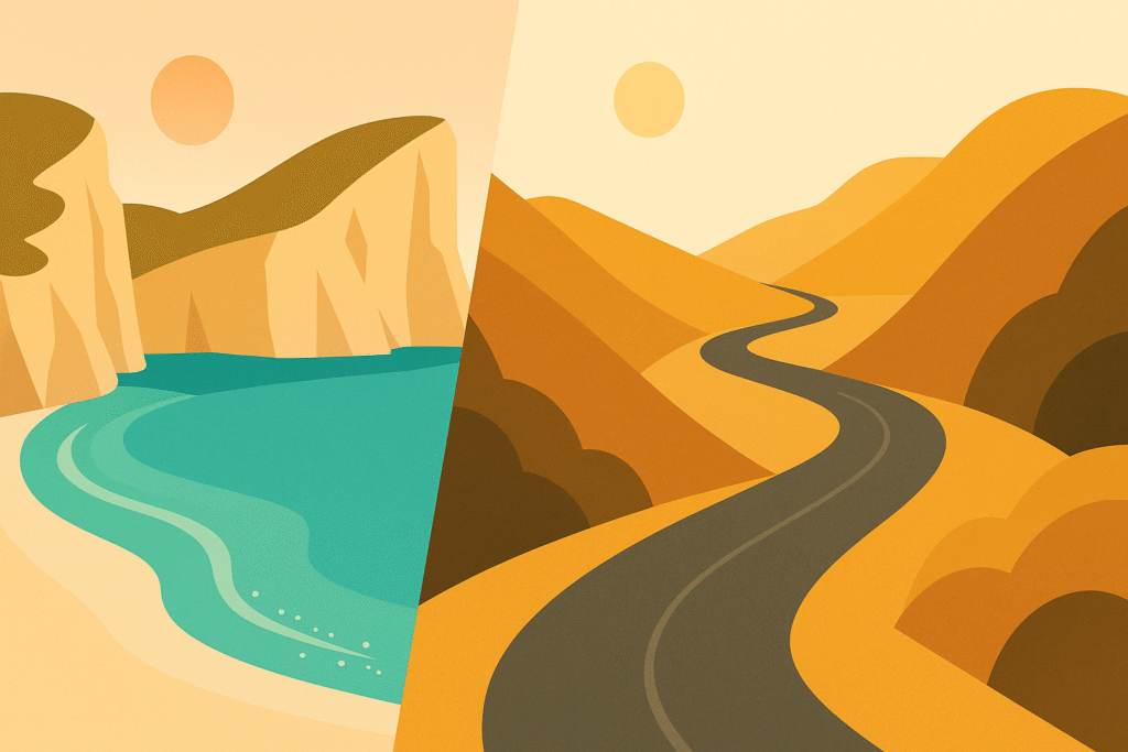 Cala simbólica y carretera entre colinas minimalistas, viajes y contrastes – Mallorca Unlocked