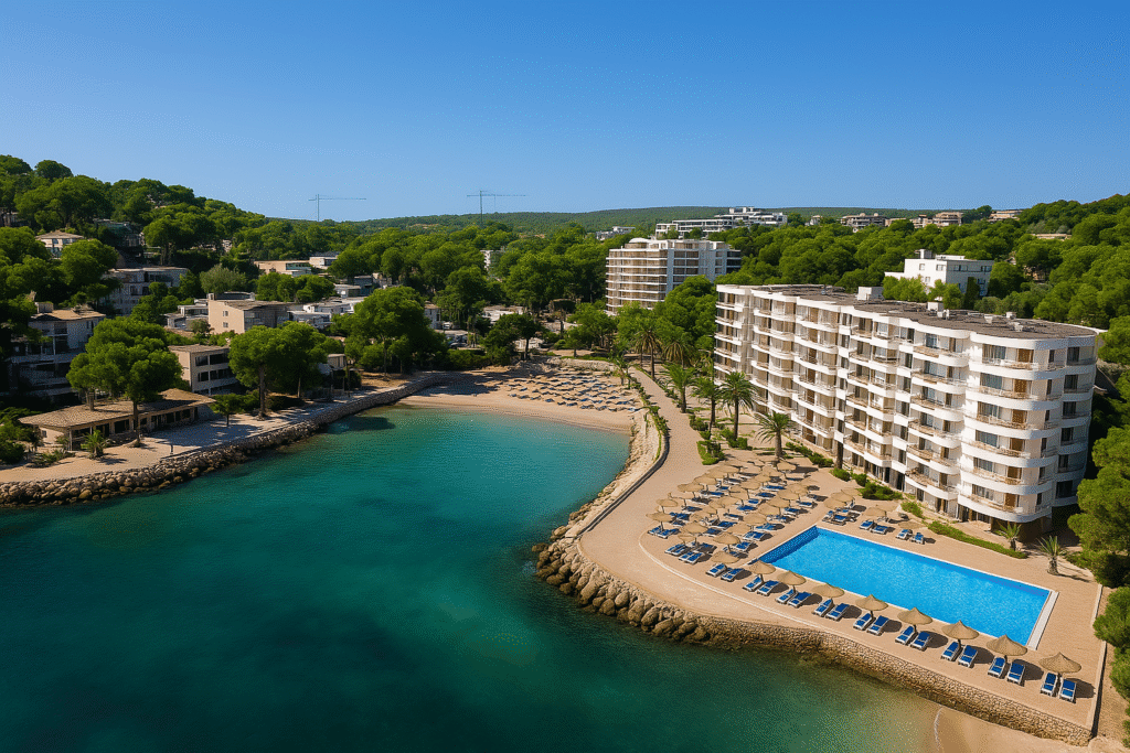 Cala Vinyes en Mallorca con playa de arena, aguas cristalinas y hotel con piscina – Maiorca Unlocked.
