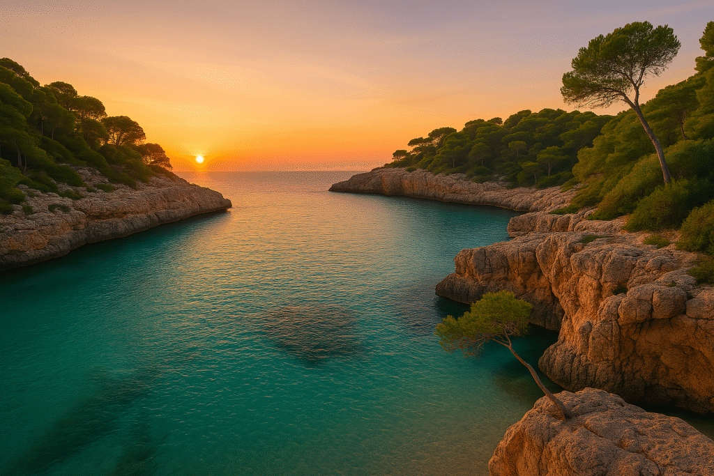 Atardecer en Caló des Moro, Mallorca, con aguas turquesas rodeadas de acantilados – Maiorca Unlocked.