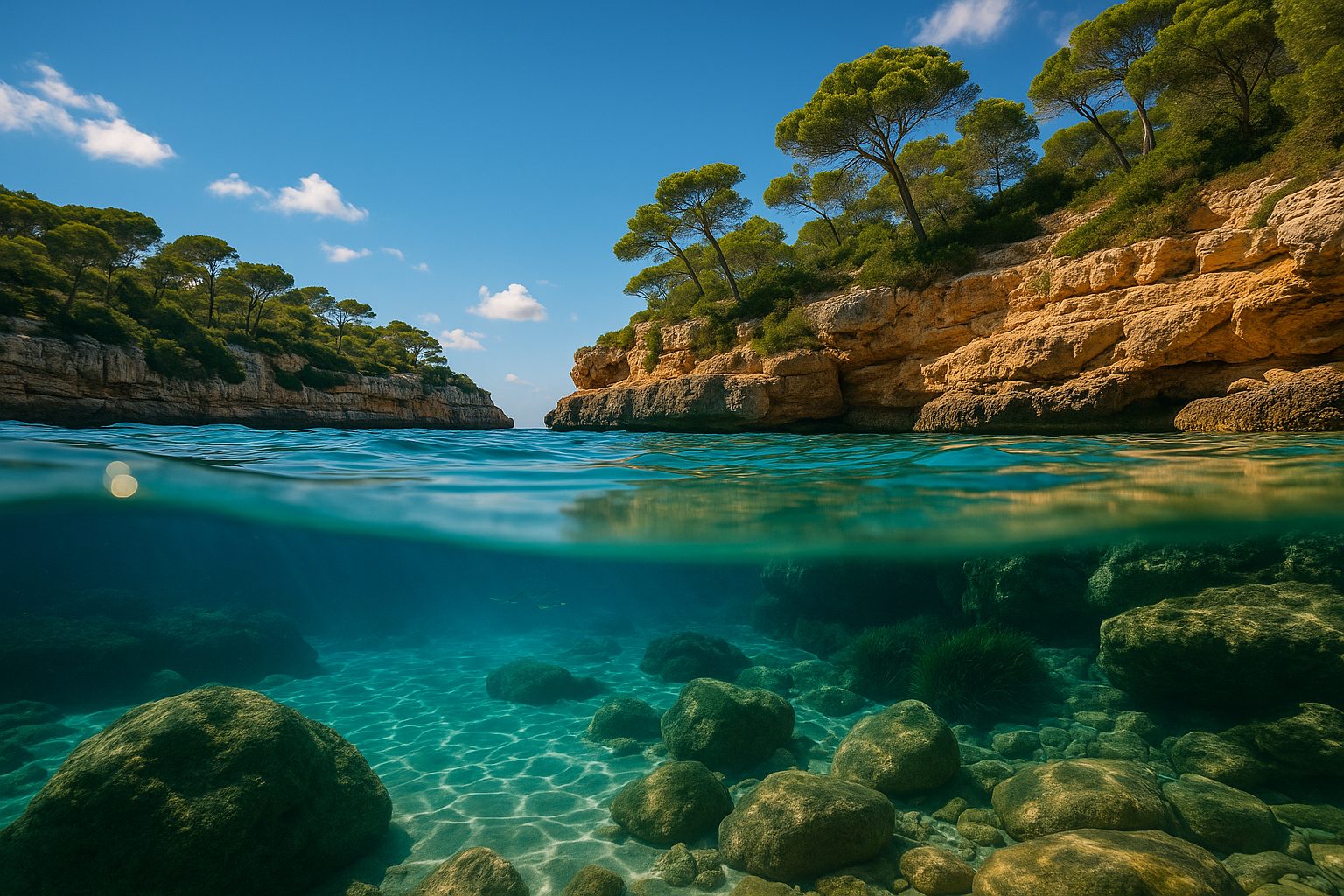 Vista dividida del mar en Mallorca, con acantilados y agua turquesa cristalina – Maiorca Unlocked.