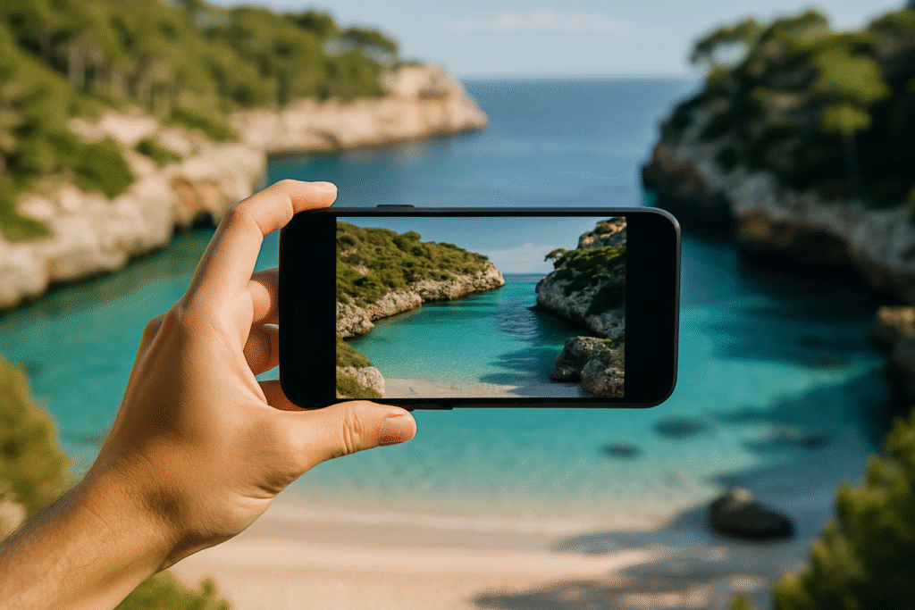 Mano sosteniendo un móvil capturando una vista de aguas turquesas y acantilados en Mallorca – Maiorca Unlocked.
