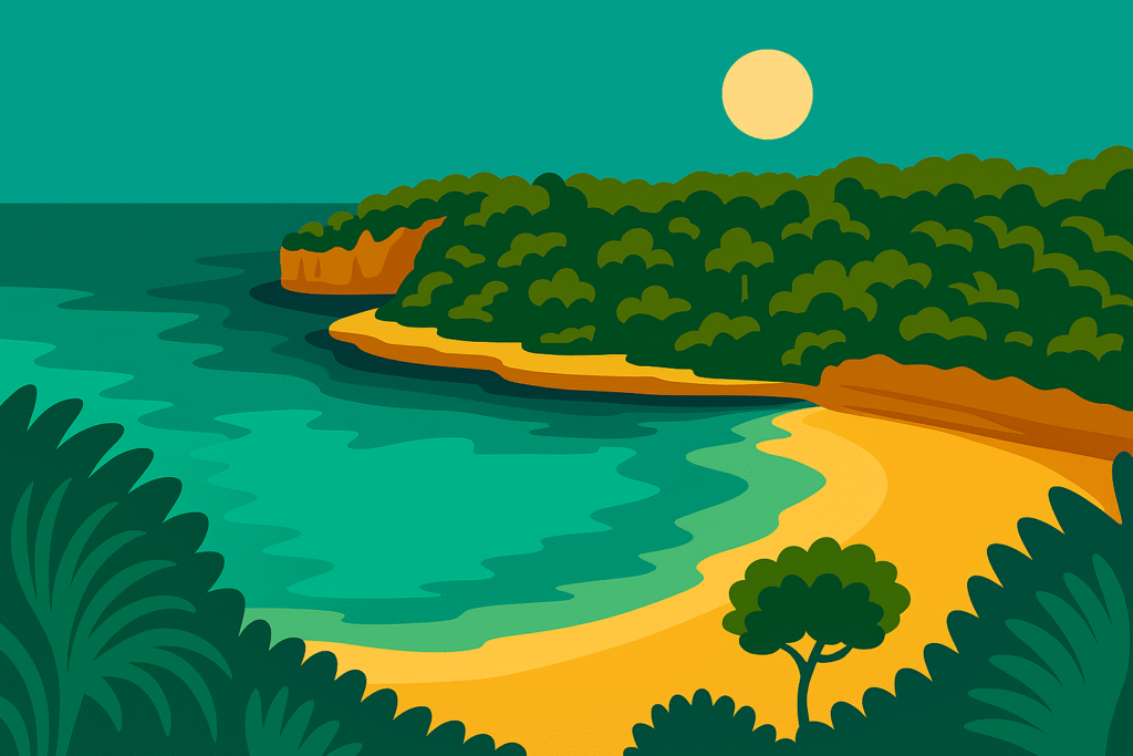 Ilustración digital minimalista de una cala de Mallorca con agua turquesa, arena dorada y acantilados, en estilo post de viaje.