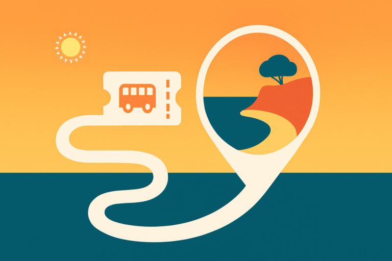 Poster minimalista di Mallorca Unlocked con strada bianca che diventa biglietto bus, diretta verso una caletta stilizzata