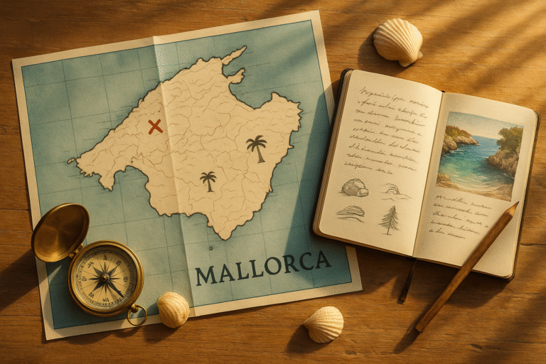 Mappa stilizzata di Maiorca con una bussola e un diario di viaggio aperto, che simboleggiano la pianificazione per scoprire le calette.