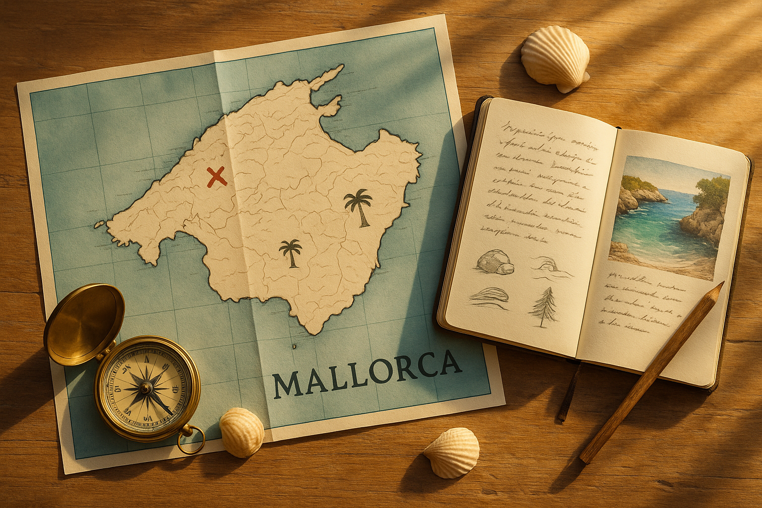 Mapa estilizado de Mallorca con brújula y diario de viaje abierto, simbolizando la planificación para descubrir las calas
