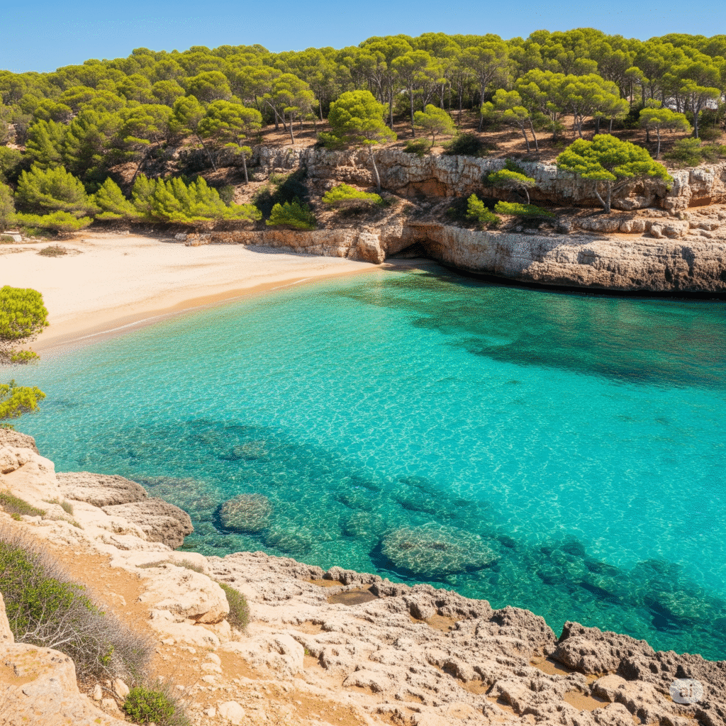 Portals Vells (Platja del Rei) en Mallorca con aguas cristalinas, arena fina y árboles frondosos – Maiorca Unlocked.