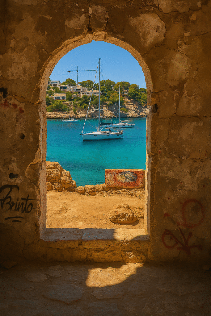 Playa de Portals Vells (Platja del Rei) en Mallorca con arena dorada, aguas cristalinas y árboles frondosos – Maiorca Unlocke
