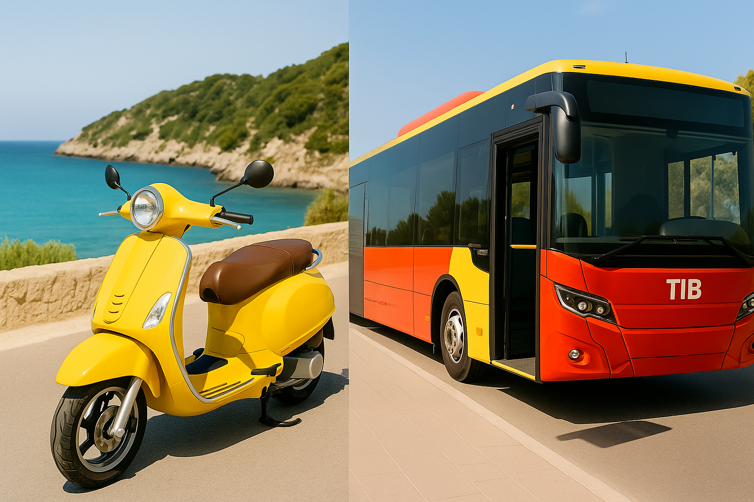 Comparativa de opciones de transporte económico en Mallorca: un scooter amarillo en una carretera costera y un autobús TIB