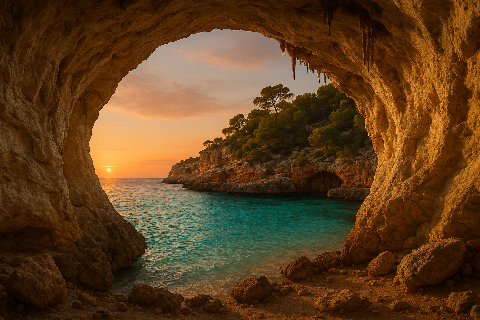 Vista evocadora desde el interior de una cueva marina en Mallorca, enmarcando una cala de aguas turquesas y un cielo dorado