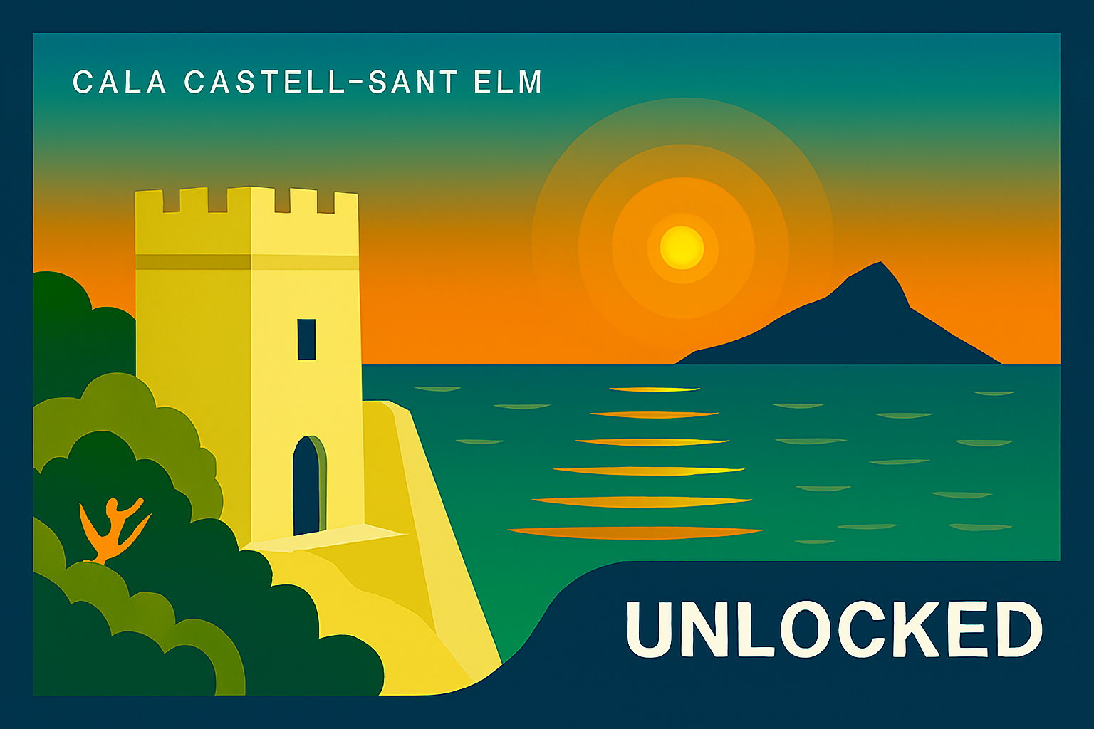 Ilustración en estilo póster retro de Cala Castell en Sant Elm, con la torre medieval en primer plano, mar turquesa al atardecer, la isla de Sa Dragonera al fondo y marco azul con textos blancos, parte de la serie MallorcaUnlocked.