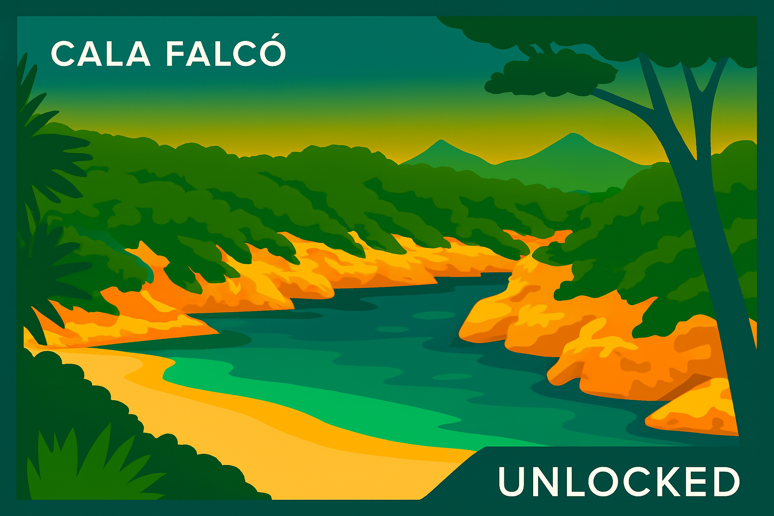 Ilustración en estilo MallorcaUnlocked de Cala Falcò en Mallorca: pequeña ensenada de arena con aguas turquesas y azules, acantilados ocres cubiertos de pinos mediterráneos y vegetación, bosque al fondo y cielo degradado del azul al amarillo anaranjado, diseño gráfico limpio en formato póster 16:9 con borde azul y textos blancos.