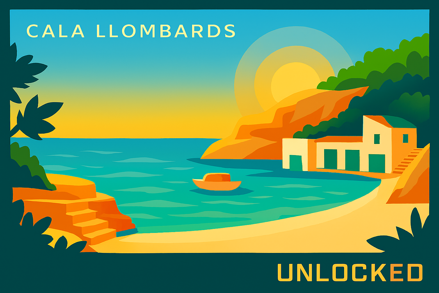 Ilustración en estilo póster vintage de la playa de Cala Llombards en Mallorca: arena clara, mar turquesa, acantilados ocres con vegetación mediterránea, casitas de pescadores blancas con portones verdes y escalera de piedra, en el formato gráfico MallorcaUnlocked.