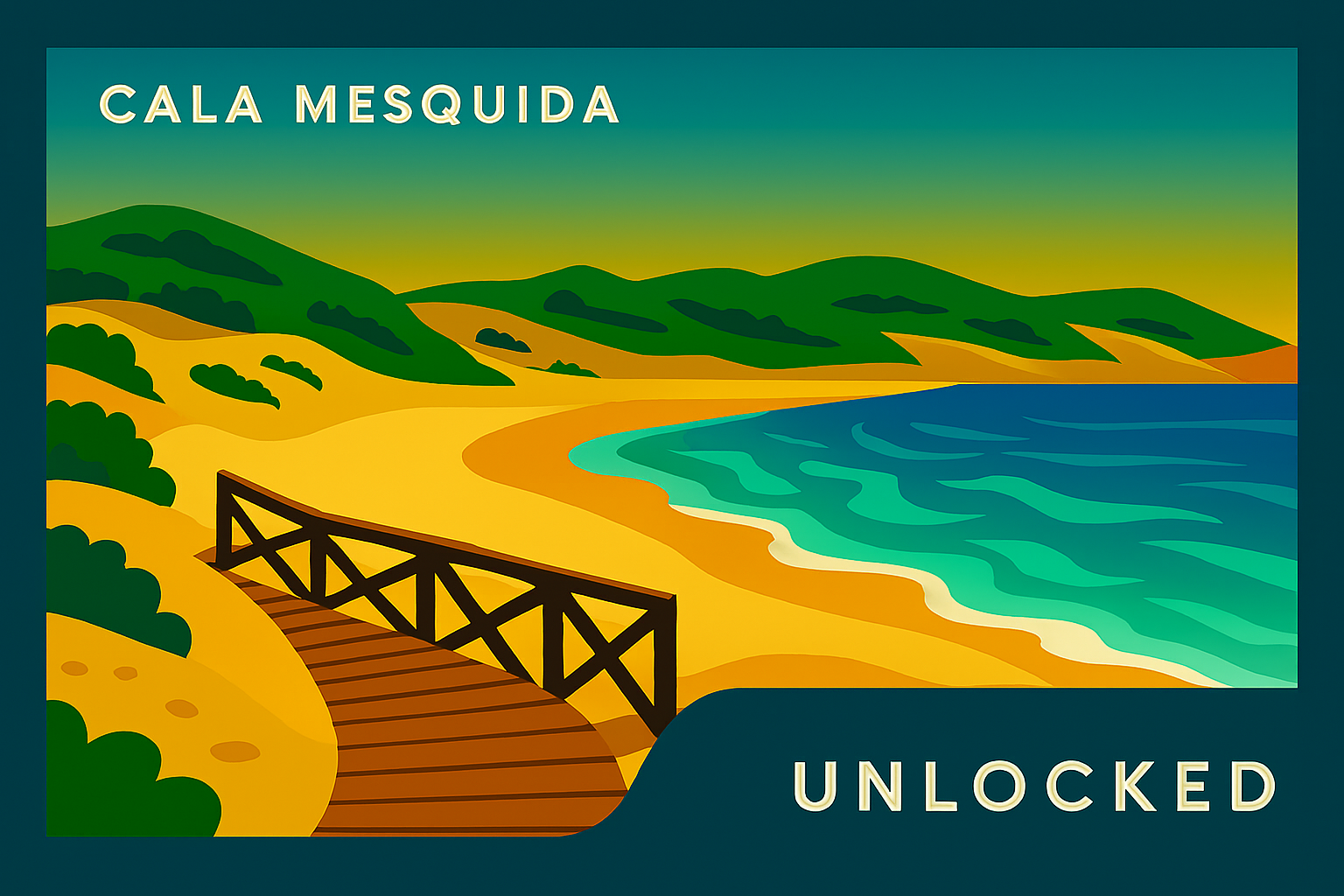 Ilustración en estilo póster retro de Cala Mesquida en Mallorca, con dunas de arena dorada y pasarela de madera en primer plano, amplia playa luminosa, mar turquesa con olas estilizadas y colinas mediterráneas al fondo, enmarcado en azul con textos blancos MallorcaUnlocked.