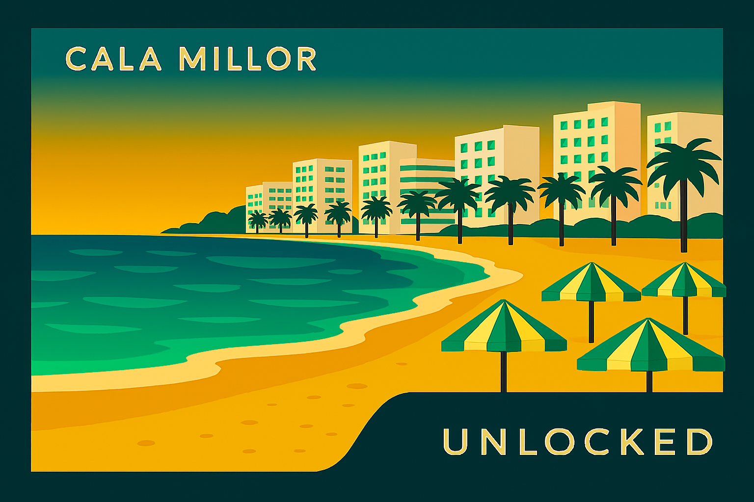 Illustrazione in stile poster rétro di Cala Millor a Maiorca, con ampia spiaggia sabbiosa dorata e ombrelloni stilizzati in primo piano, mare turchese calmo con onde leggere, lungomare con palme e skyline di hotel moderni sullo sfondo, cornice blu e scritte bianche MallorcaUnlocked.
