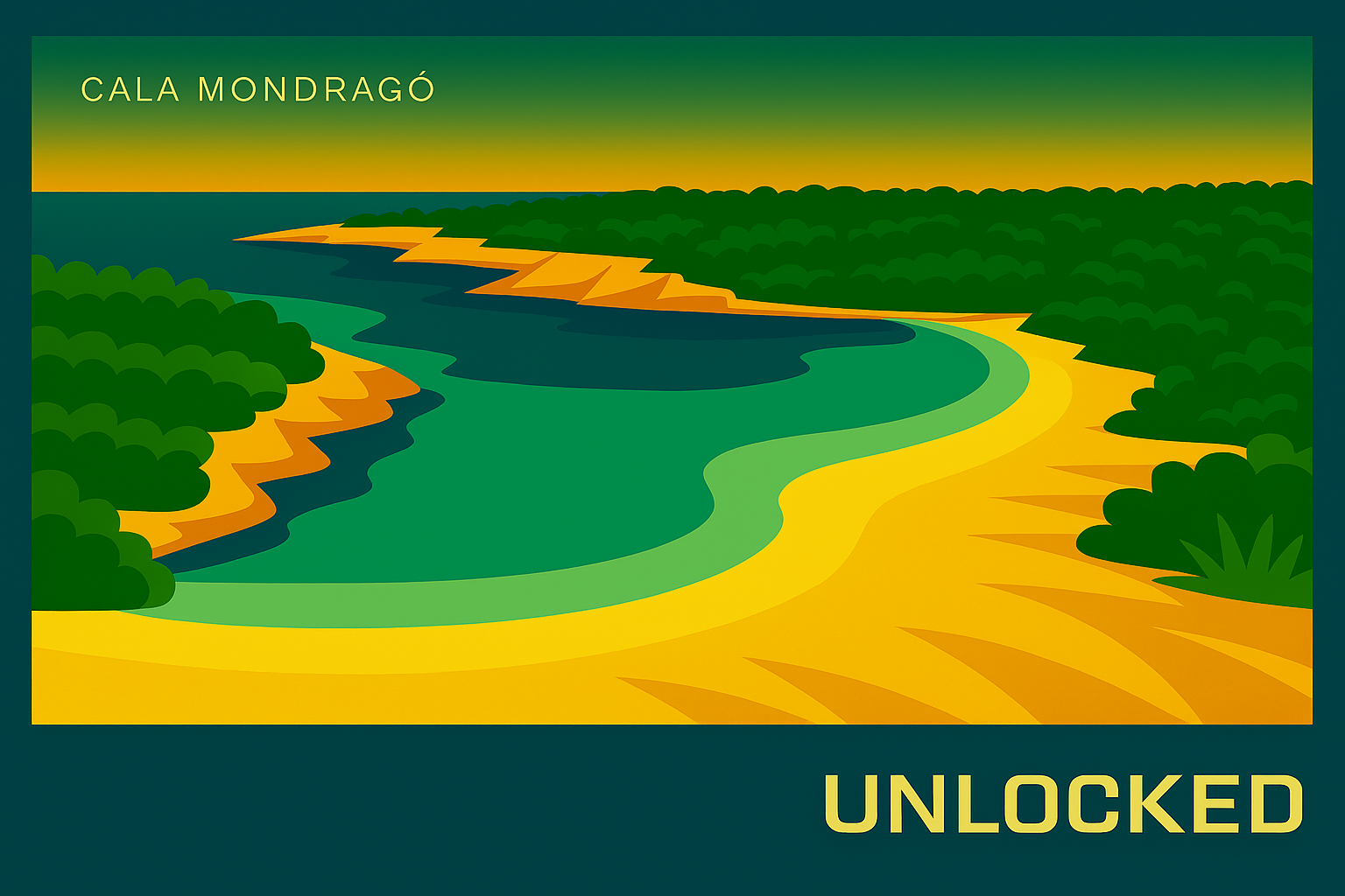 Ilustración en estilo póster vintage de Cala Mondragó en Mallorca, con doble ensenada de arena y mar turquesa, acantilados ocres y pinar mediterráneo al fondo, cielo degradado en azul y amarillo, marco azul con textos blancos MallorcaUnlocked.