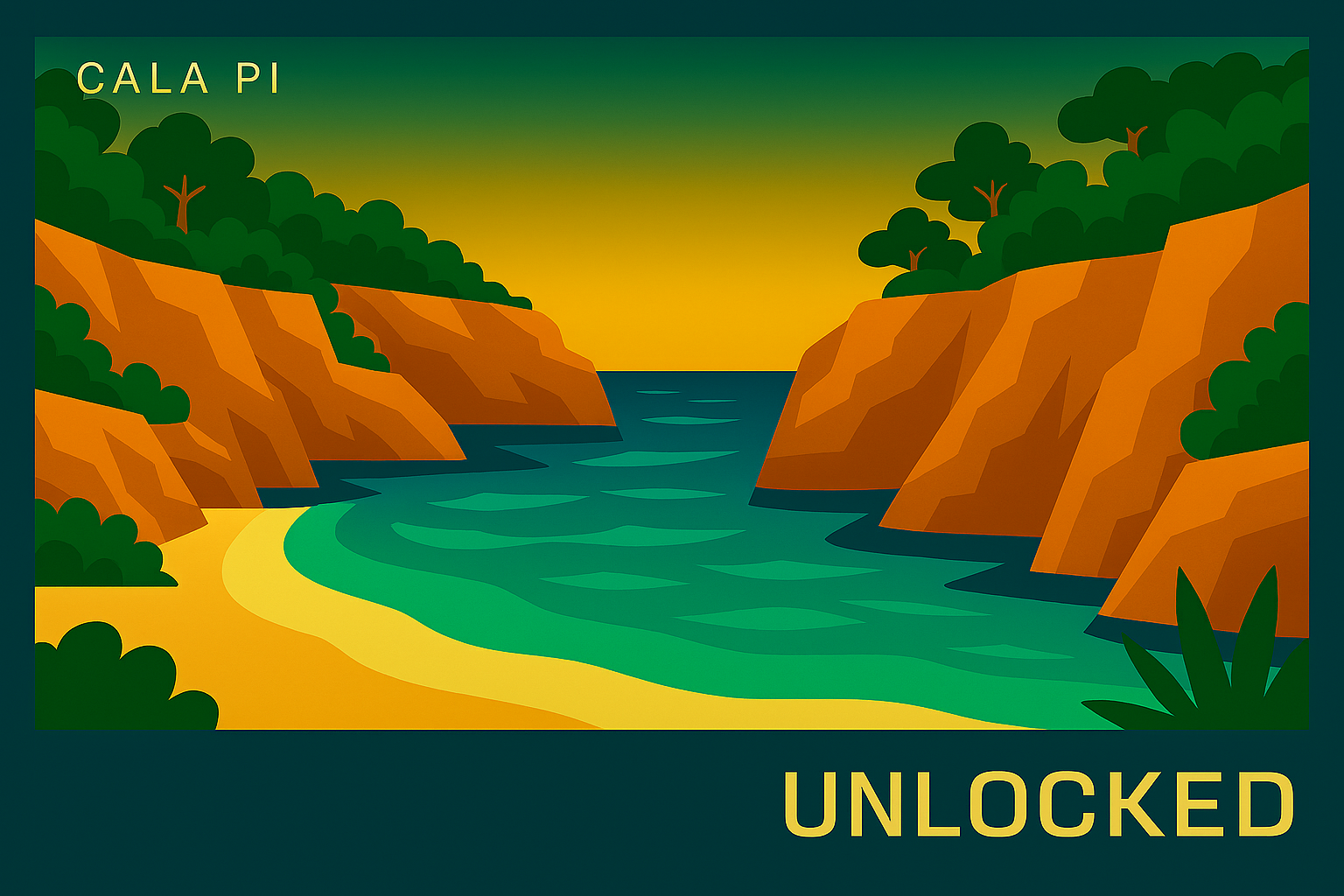 Ilustración en estilo MallorcaUnlocked de Cala Pi en Mallorca: pequeña playa de arena clara encajada en un desfiladero estrecho con altos acantilados ocres, mar turquesa transparente que se alarga como un canal entre las rocas, pinar mediterráneo en la parte superior y cielo degradado en azul y amarillo, marco azul y textos blancos MallorcaUnlocked.