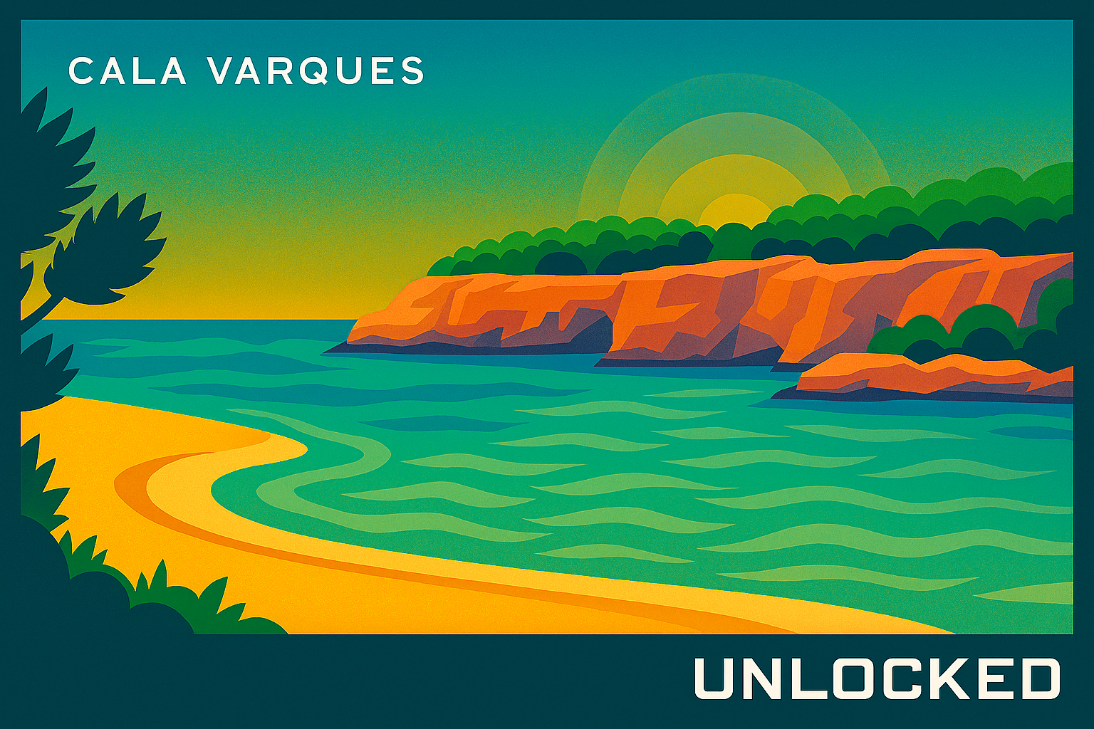 Ilustración en estilo póster vintage de la playa de Cala Varques en Mallorca, con arena clara, mar turquesa y acantilados rojizos, parte de la serie MallorcaUnlocked.