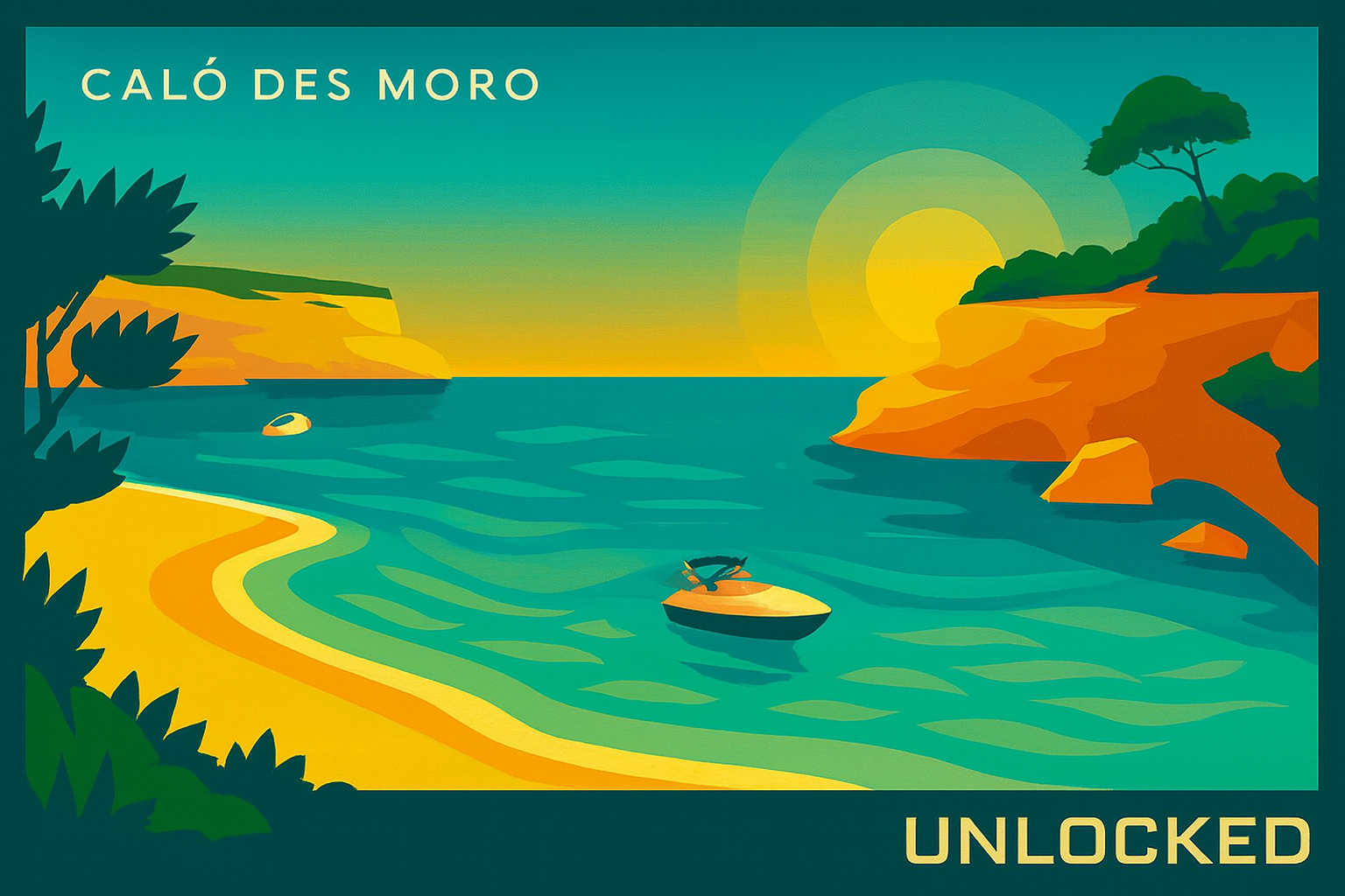 Ilustración en estilo MallorcaUnlocked de Caló des Moro en Mallorca: pequeña cala con arena clara, aguas turquesas y acantilados rocosos con vegetación mediterránea, vista panorámica.