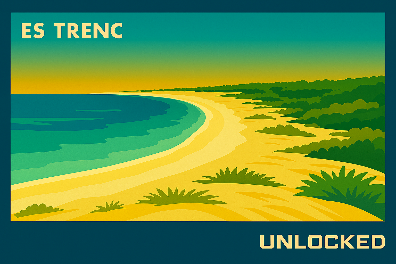 Ilustración en estilo póster vintage de Es Trenc en Mallorca, con larga playa de arena blanca en primer plano, mar turquesa cristalino que se degrada hacia el azul, dunas y vegetación mediterránea al fondo y cielo luminoso degradado en azul y amarillo, marco azul con textos blancos MallorcaUnlocked.